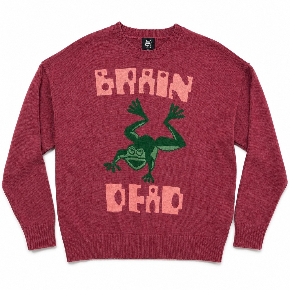 Brain Dead Frog Graphic Knit Wool Blend Sweater Mens M Maroon Pink